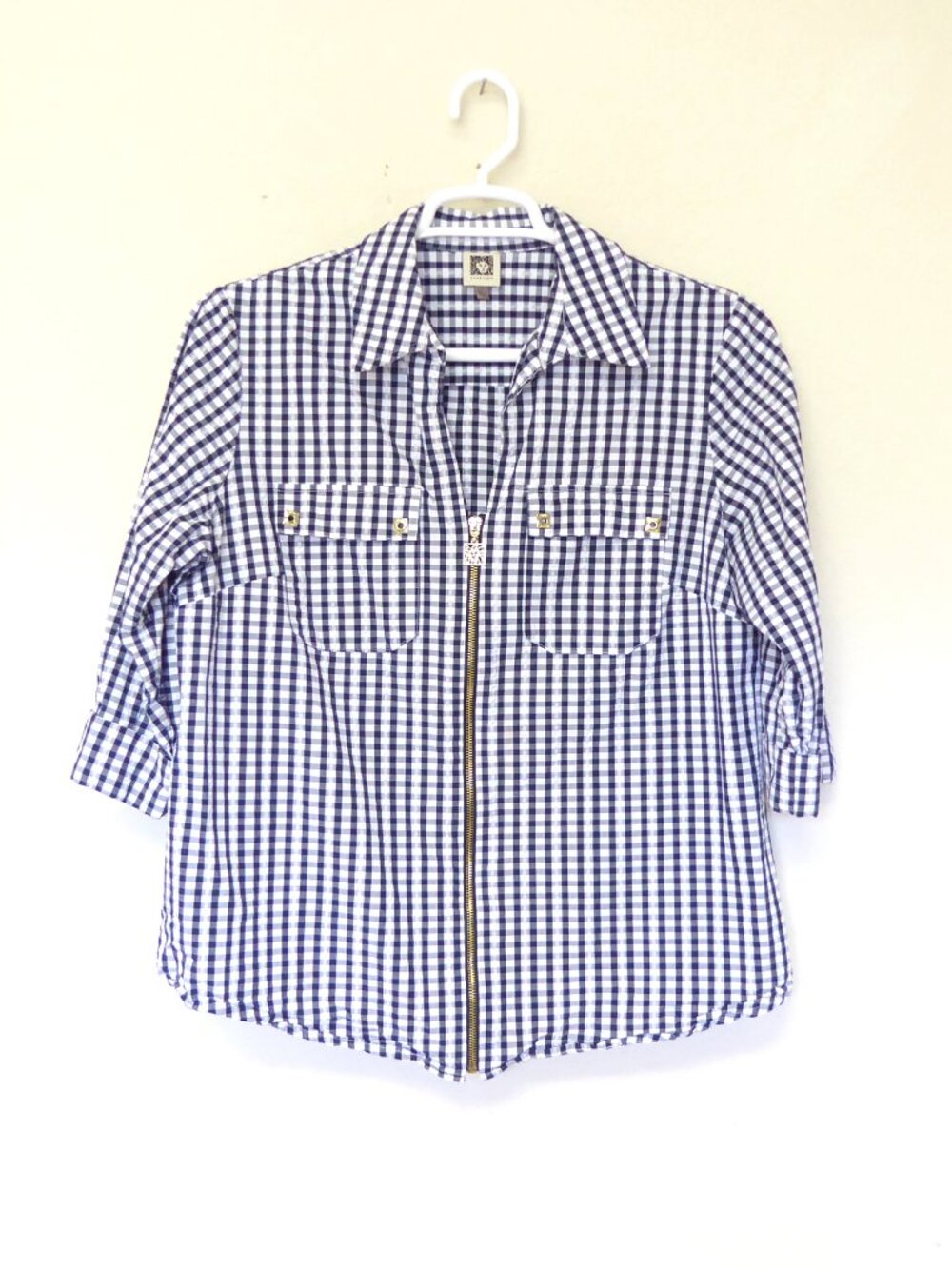 Anne Klein navy blue and white checkered seersucker zip up shirt labeled size 1X